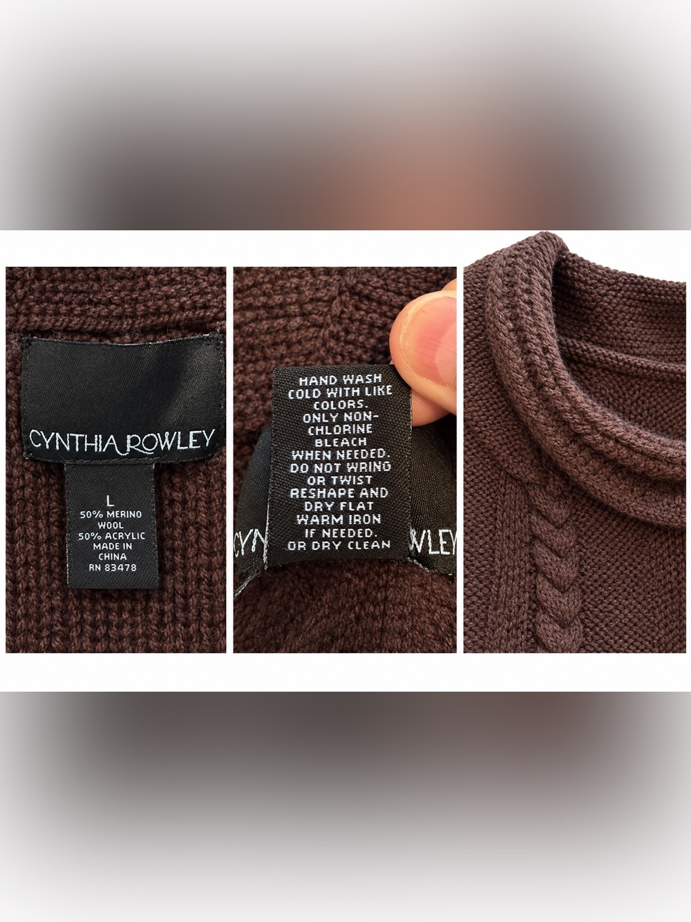 Cynthia Rowley Size L Brown Merino Wool Blend Cable Knit Sweater Dress - Picture 2 of 3